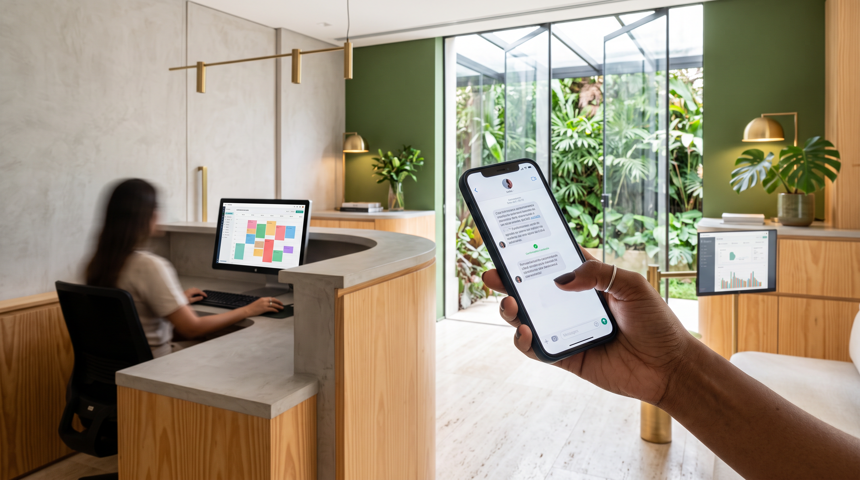 Celular com confirmação automática de consulta e agenda da clínica ao fundo