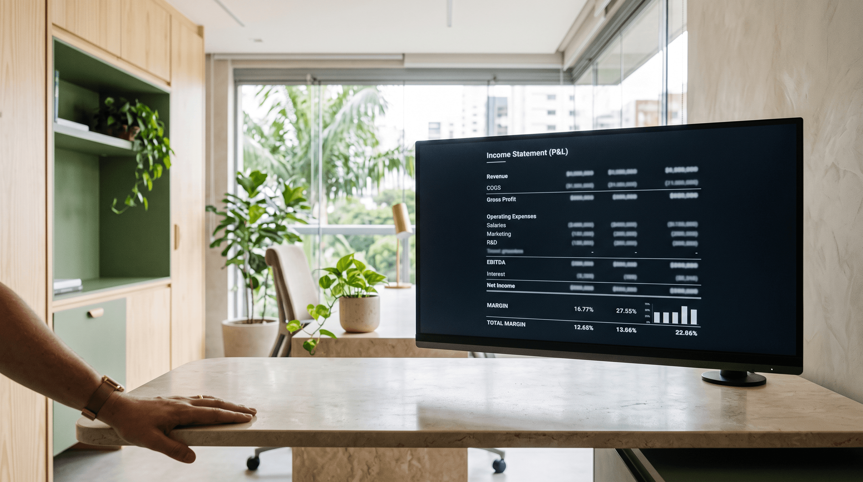 Monitor com DRE aberto, linhas agrupadas e margem no rodapé